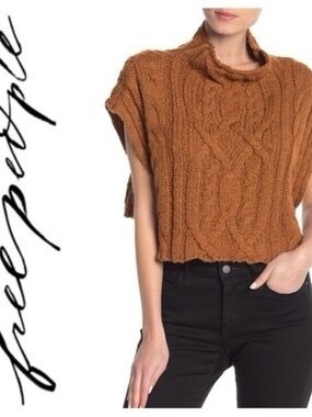 Free People sz S Cropped Pullover Cable Sweater Spice Boho Knit Short-sleeved